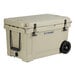 A white CaterGator outdoor cooler with wheels and a handle.