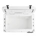 A white CaterGator outdoor cooler with the lid open and black handles.