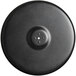 A black round Lancaster Table & Seating outdoor table base plate with a hole in the center.