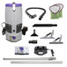 A ProTeam cordless backpack vacuum with various accessories including a hard surface and carpet tool.