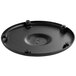A black Lancaster Table & Seating round table base plate with screws and holes.
