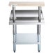 A Regency stainless steel equipment stand with a galvanized undershelf and wooden cutting board on a shelf.