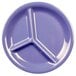 A close-up of a Thunder Group purple melamine plate with three compartments.