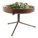 A Cal-Mil bronze plate stand holding a bowl of salad on a table.