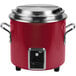 A red and silver Vollrath retro stock pot kettle rethermalizer with a stainless steel lid.