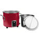 A red Vollrath retro stock pot with a lid.