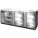A stainless steel Continental Back Bar Refrigerator with three glass doors.
