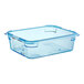 A blue Araven plastic food pan with a lid.