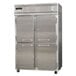 A stainless steel Continental Refrigerator with white half doors and black handles.