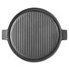 A round black grill pan with a handle.