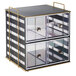 A black metal 2-tier storage box with clear drawers.
