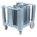 A grey plastic Cambro caddy with wheels and metal bars.