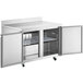 An Avantco stainless steel worktop refrigerator with two doors open.