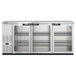 A stainless steel Hoshizaki back bar refrigerator with three glass doors.