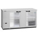 A Hoshizaki stainless steel back bar refrigerator with glass doors.