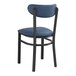 A blue cushioned Lancaster Table & Seating Boomerang Series chair with black frame.