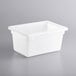 A white polyethylene food storage container with a lid.