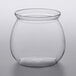 A Visions clear plastic stemless fish bowl on a white surface.