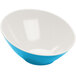A white slanted melamine bowl with a blue rim.