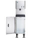 A stainless steel Hoshizaki Cubelet Ice Maker and Water Dispenser with a black and silver rectangular door open.