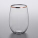 A Visions clear plastic stemless wine glass with a copper rim.