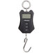 A black electronic AvaWeigh digital hanging scale with hooks and a screen.
