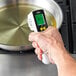 A hand holding a CDN digital thermometer over a pan.