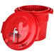 A red plastic Chef Master salad spinner bucket with a handle and lid.