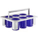 A Steril-Sil stainless steel flatware basket with purple perforated plastic cylinders inside.