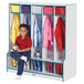A boy sitting on a teal and gray Rainbow Accents coat locker.