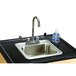 A Jonti-Craft mobile clean hands sink with a stainless steel faucet and a bottle of liquid above it.