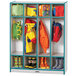 A teal, yellow, and green Rainbow Accents coat locker with a yellow and blue jacket hanging in it.