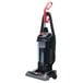 A Sanitaire bagless upright vacuum cleaner with a red handle.