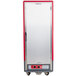 A red and silver Metro C5 heated holding cabinet with a solid door.