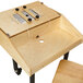 A Jonti-Craft wooden children's tablet table with rear storage.