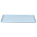 A white rectangular tray with a blue border.