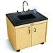 A Jonti-Craft mobile clean hands helper with a black plastic sink on wheels.