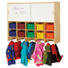 A Jonti-Craft wall mount coat locker with blue, red, and green storage boxes on shelves.