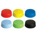 A Tablecraft pack of 12 plastic bottle caps in assorted colors including black, blue, green, red, and yellow.