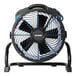 An XPOWER industrial axial fan with a black square metal cage and a blue stripe.