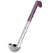 A Vollrath stainless steel ladle with a purple Kool-Touch handle.