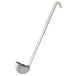 A Vollrath stainless steel ladle with a long, white Kool-Touch handle.