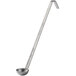A Vollrath stainless steel ladle with a curved handle and a bowl with a long metal bar.