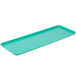 A blue rectangular tray with a green handle.