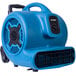 An XPOWER blue air blower with black telescopic handles and wheels.