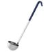 A Vollrath stainless steel ladle with a blue Kool-Touch handle.