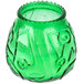 A green glass Sterno Venetian candle in a patterned vase.