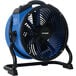 An XPOWER blue and black FC-300 portable shop fan on a stand.