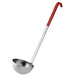A Vollrath stainless steel ladle with an orange handle.