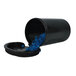 A black plastic container with blue pebbles inside.